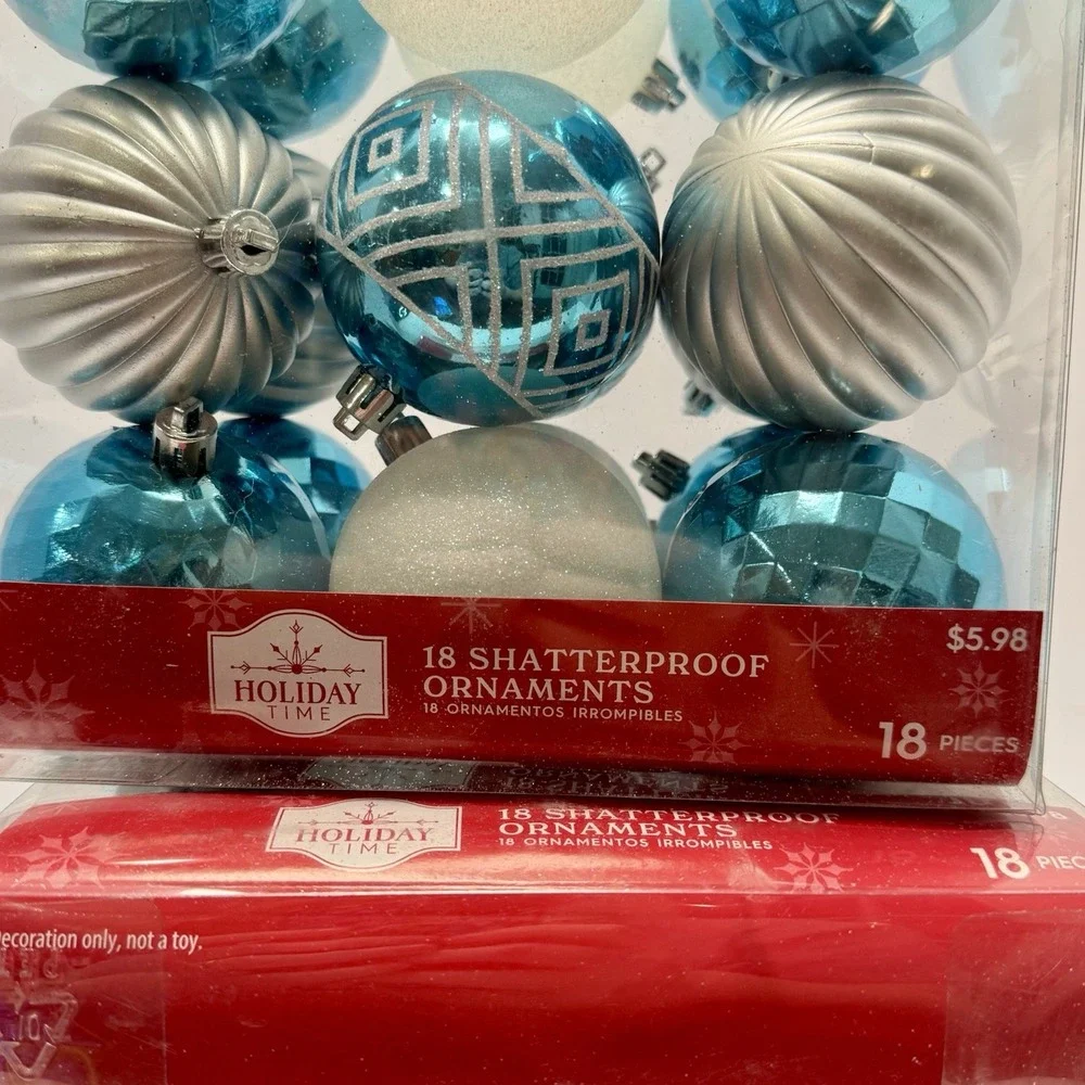 Holiday Time 36‎ Shatterproof Christmas Ornaments Blue Silver White NEW